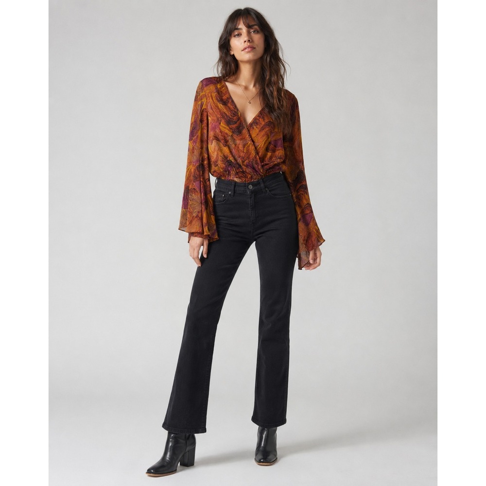 ACOA Wrap Crop Top Womens Medium Orange Flare Slip Hippie Boho Fall Flare Sleeve